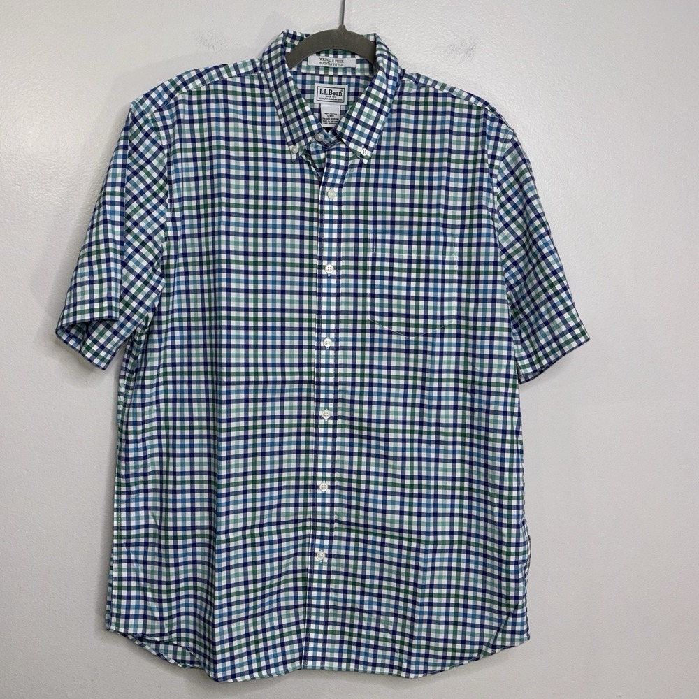 L.L.Bean Blue Green Plaid Wrinkle Free Slightly Fitted Button Down Shirt Large